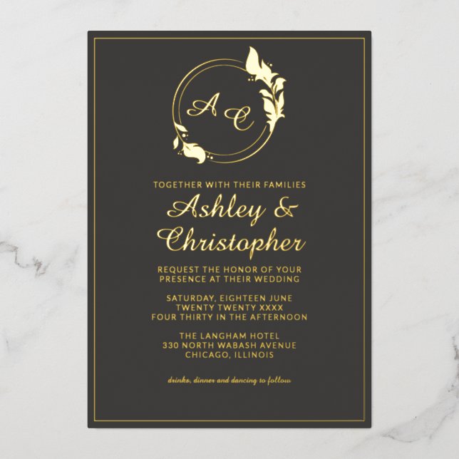 Chic Slate Gray Leaf Monogram Foto Wedding Gold Folieneinladung (Vorderseite)