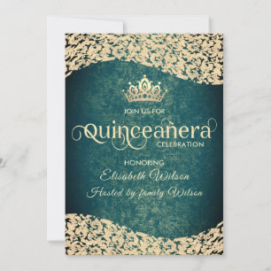 Chic Smaragdgrün Golddamask tiara Quinceañera Einladung