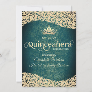 Chic Smaragdgrün Golddamask tiara Quinceañera Einladung