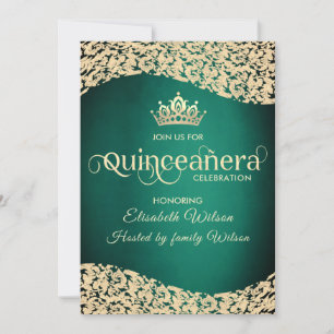 Chic Smaragdgrün Golddamask tiara Quinceañera Einladung