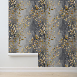 Chic Smoky Gray Gold Blätter Tapete