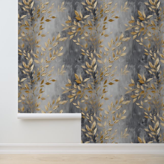 Chic Smoky Gray Gold Blätter Tapete (Anwendung)