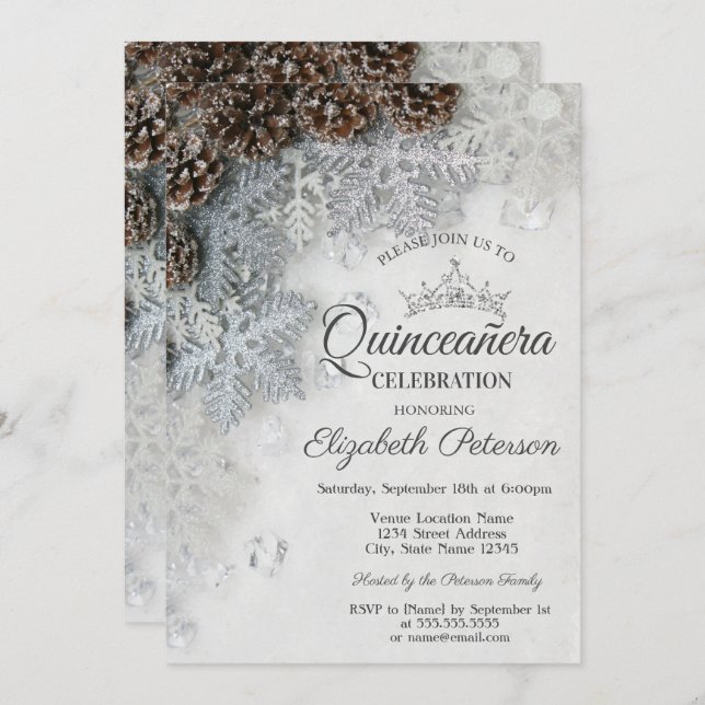 Chic Snowflakes Pine Cones Quinceañera  Einladung (Vorne/Hinten)