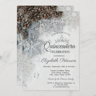 Chic Snowflakes Pine Cones Quinceañera  Einladung