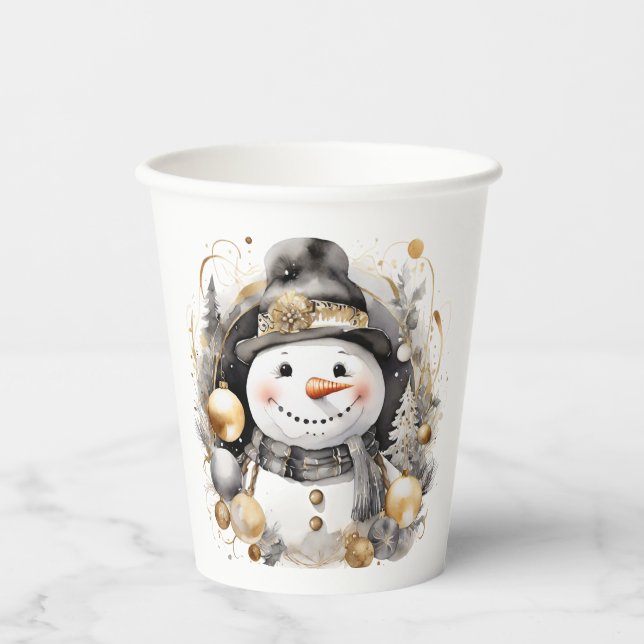 Chic Snowman: Black and Gold Holiday Charm Pappbecher (Vorderseite)