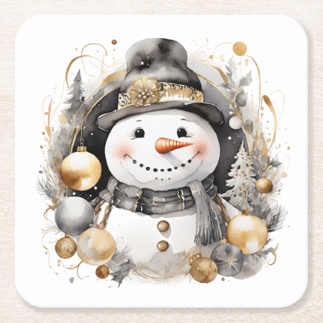 Chic Snowman: Black and Gold Holiday Charm Rechteckiger Pappuntersetzer (Vorderseite)