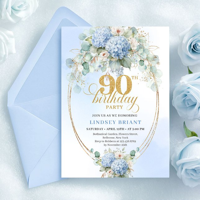 Chic Soft Blue Floral Eucalyptus 90th Birthday Einladung (Chic Soft Blue Floral Eucalyptus 90th Birthday)