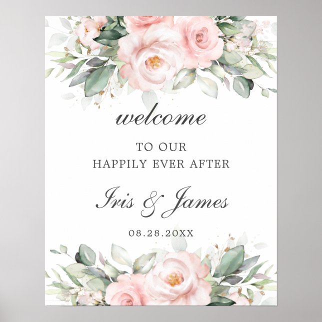 Chic Soft Blush Pink Roses Blumenzange Begrüßung Poster (Vorne)
