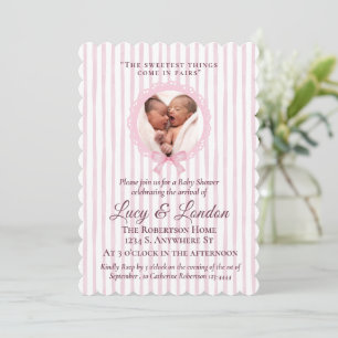 Chic Soft Pink Coquette Gestreifte Zwillinge-Baby- Einladung
