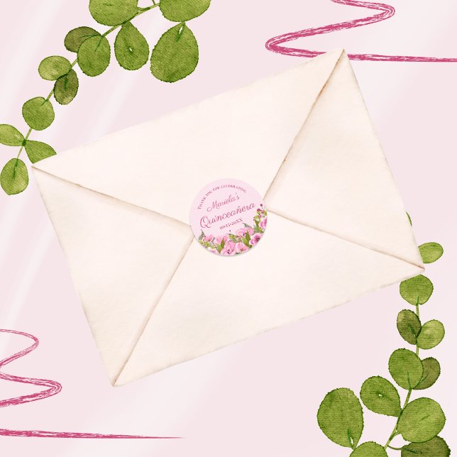 Chic Soft Pink Pink Poppies Quinceañera Vielen Dan Runder Aufkleber (Von Creator hochgeladen)
