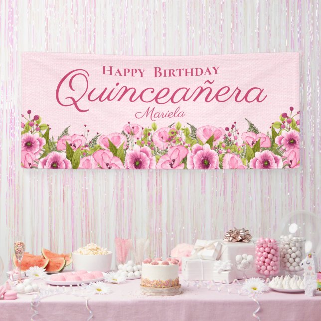 Chic Soft Pink Textured Pink Poppies Quinceañera B Banner (Party)