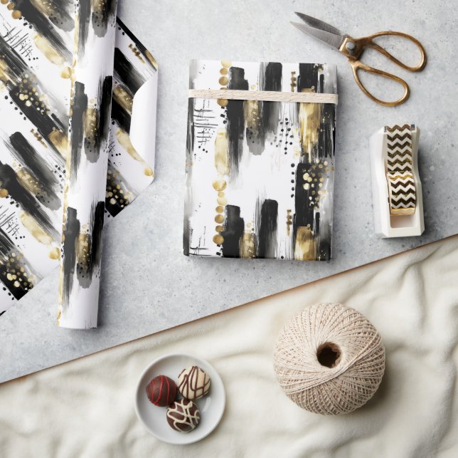 Chic Sophisticated Schwarz und Goldstrich Abstrakt Geschenkpapier (Kunsthandwerk)