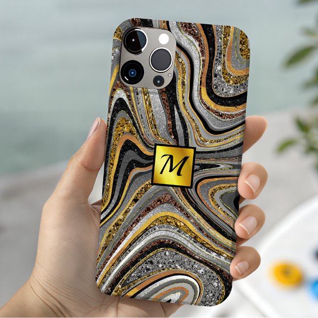 Chic Sparkle Glitzer Marmor Art Graugold Monogramm Case-Mate iPhone Hülle (Von Creator hochgeladen)