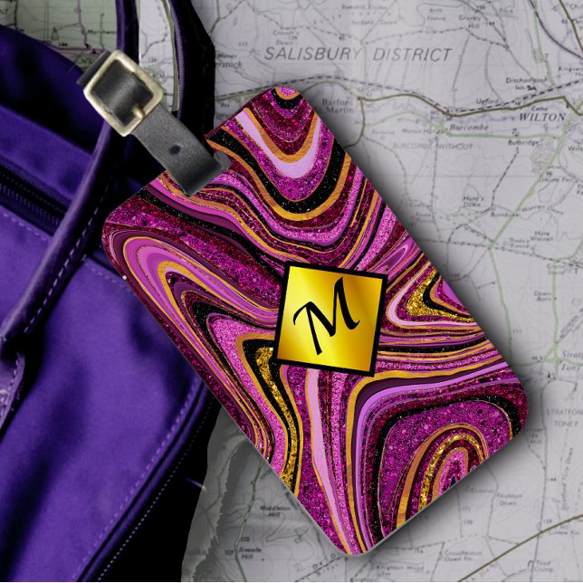 Chic Sparkle Glitzer Marmor Art pink gold monogram Gepäckanhänger (Von Creator hochgeladen)