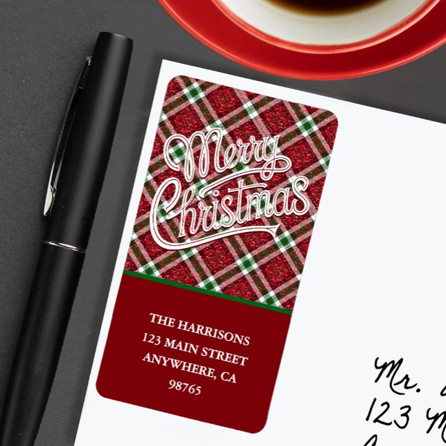 Chic Sparkly Plaid Merry Christmas Return Address Adressaufkleber (Chic faux sparkly plaid Merry Christmas return address labels
)