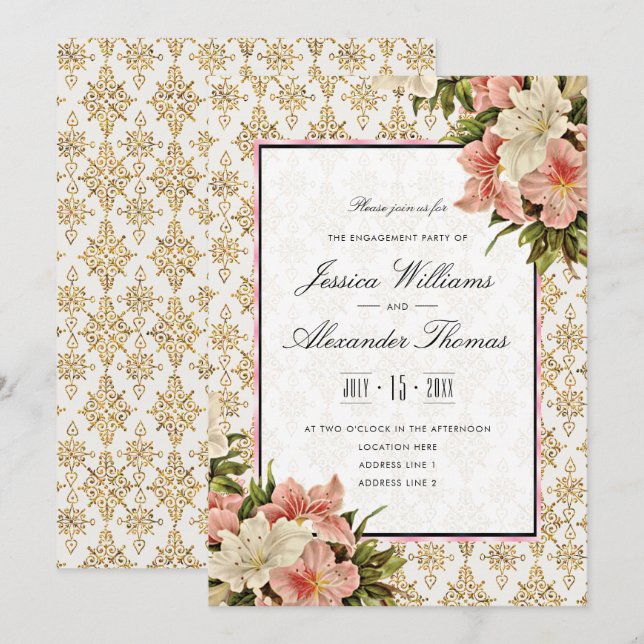 Chic Spring Bouquets & Gold Glitzer Verlobung Einladung (Vorne/Hinten)