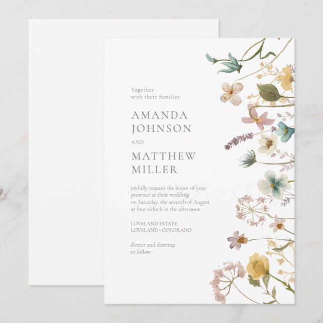 Chic Spring Delicate Pressed Florals Wedding Einladung (Vorne/Hinten)
