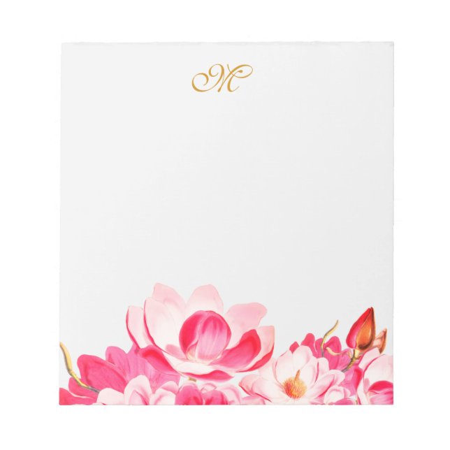 Chic Spring Pink Magnolias Floral Monogram Notepad Notizblock (Vorderseite)