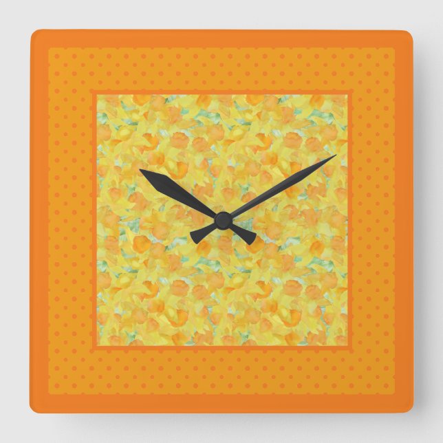 Chic Square Wall Clock, Affodils und Polka Docks Quadratische Wanduhr (Vorderseite)