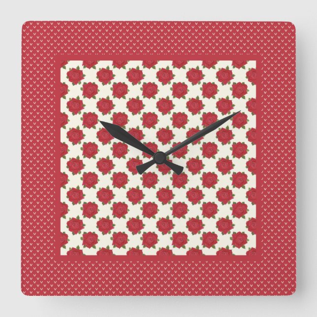 Chic Square Wall Clock: Tiefe Rote Rosen Quadratische Wanduhr (Vorderseite)