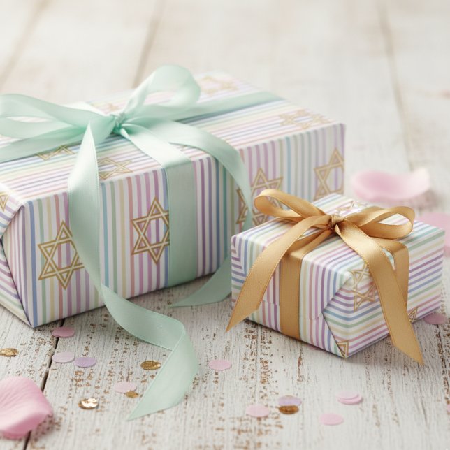 Chic Star of David Rainbow Striped Pattern Geschenkpapier (Adorable Star of David Wrapping Paper for Her. Cute Girly Rainbow Multicolored Striped Pattern)