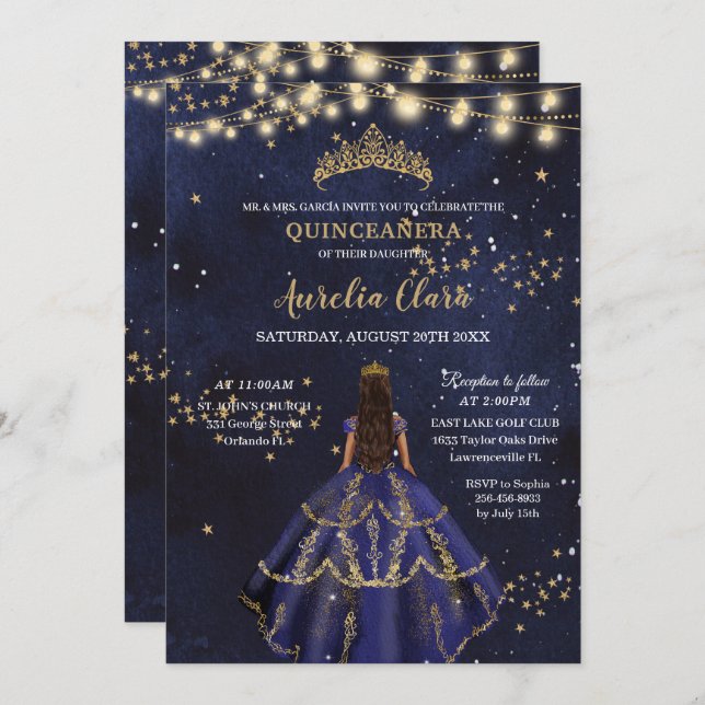 Chic Starry Night Navy Blue Dress Gold Quinceañera Einladung (Vorne/Hinten)