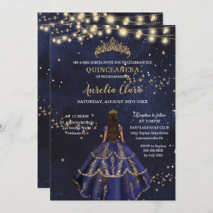 Chic Starry Night Navy Blue Dress Gold Quinceañera Einladung