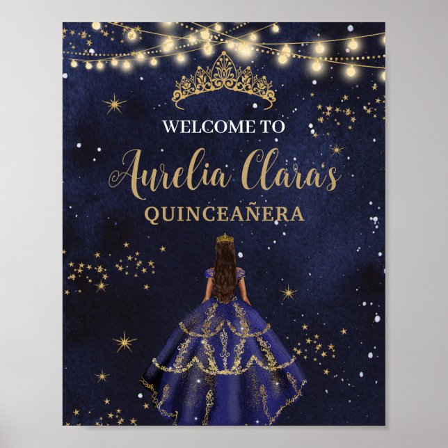 Chic Starry Night Navy Blue Dress Gold Quinceañera Poster (Vorne)