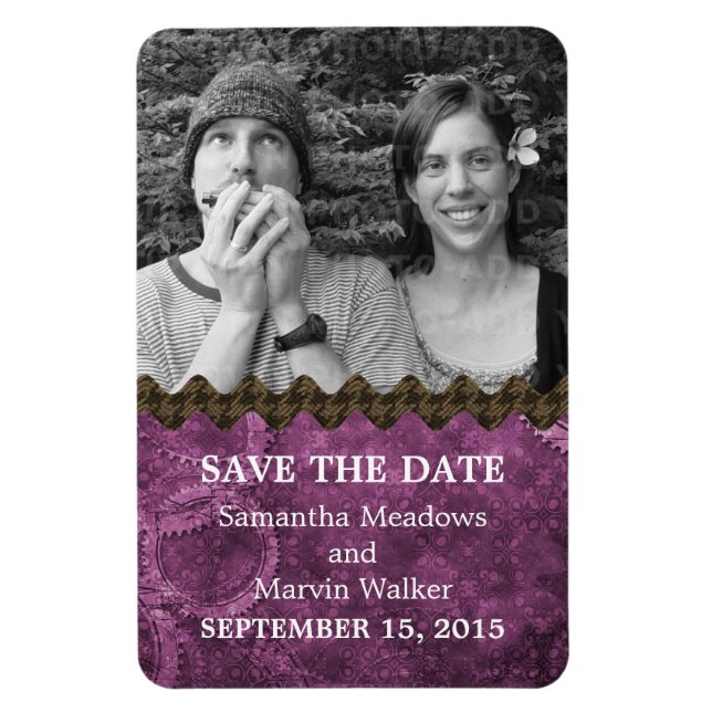 Chic Steampunk Foto Save the Date Magnet, Lila Magnet (Vertikal)