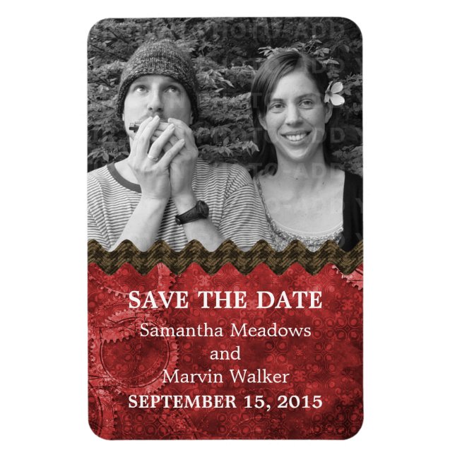 Chic Steampunk Foto Save-the-Date-Magnet, Rot Magnet (Vertikal)