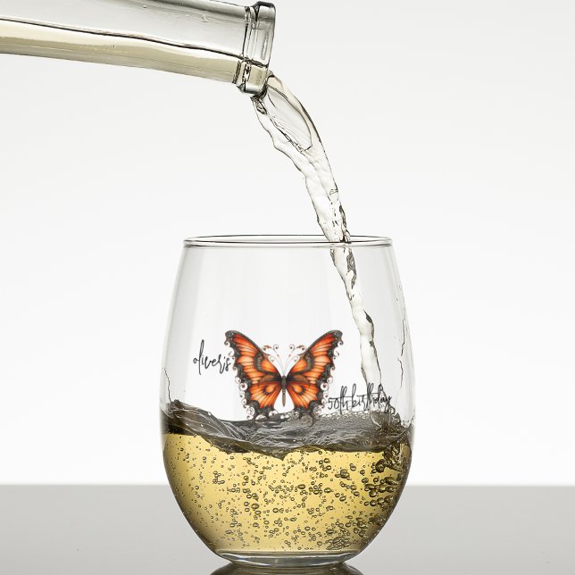 Chic Steampunk Industrial Viktorianisch Butterfly Weinglas Ohne Stiel (Steampunk orange and black monarch butterfly on customizable stemless wine glass for celebrations. )