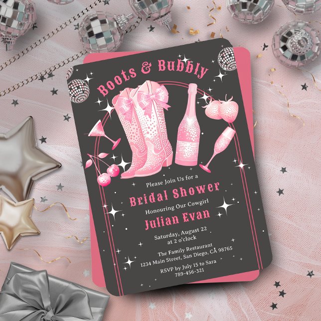 Chic Stiefel & Bubbly Cowgirl Pink Brautparty Einladung (Chic Boots & Bubbly Cowgirl Pink Bridal Shower Invitation)
