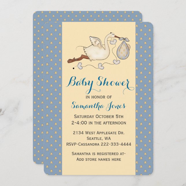 Chic Stork Baby Boy Shower Einladung (Vorne/Hinten)