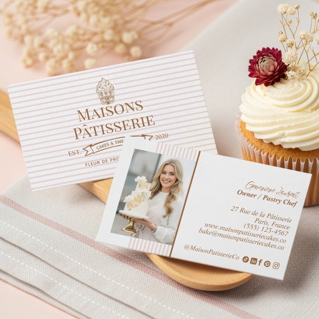 Chic Streifen Blumen Cupcake Gebäck Torte Bäckerei Visitenkarte (Chic Stripe Floral Cupcake Pastry Cake Bakery Shop Business Card)