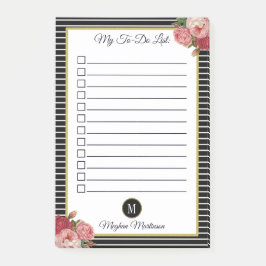 Chic Strick Black Floral Monogram To Do List Post-it Klebezettel