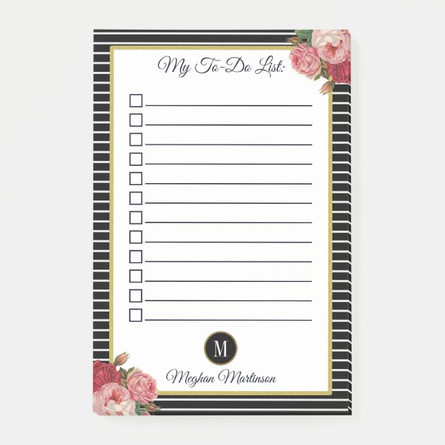 Chic Strick Black Floral Monogram To Do List Post-it Klebezettel (Vorderseite)