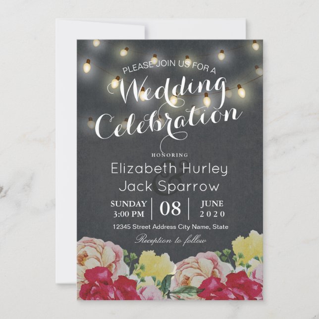 Chic String Lights Floral Black Grunge Hochzeit Einladung (Vorderseite)