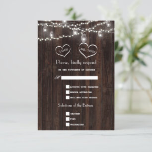 Chic String Lights Mason Jar Old Barn Wedding RSVP Karte