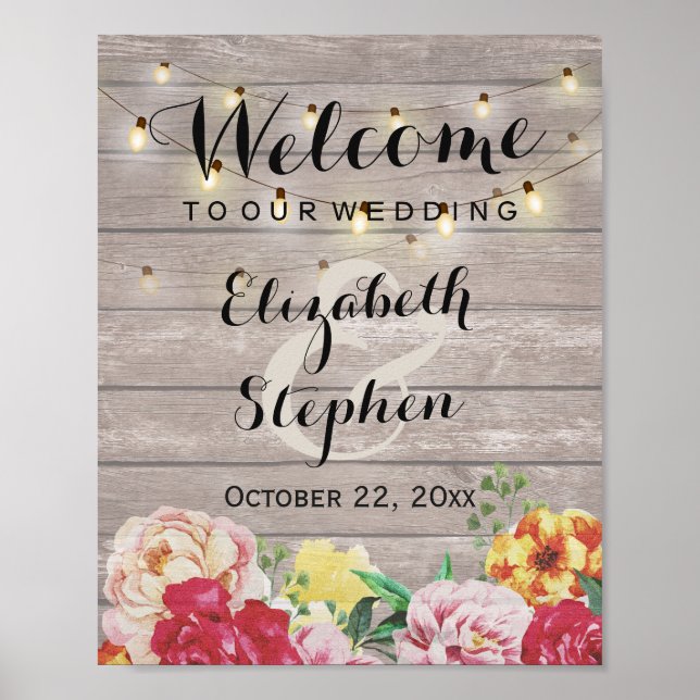 Chic String Lights Rustic Wood Floral Wedding Sign Poster (Vorne)