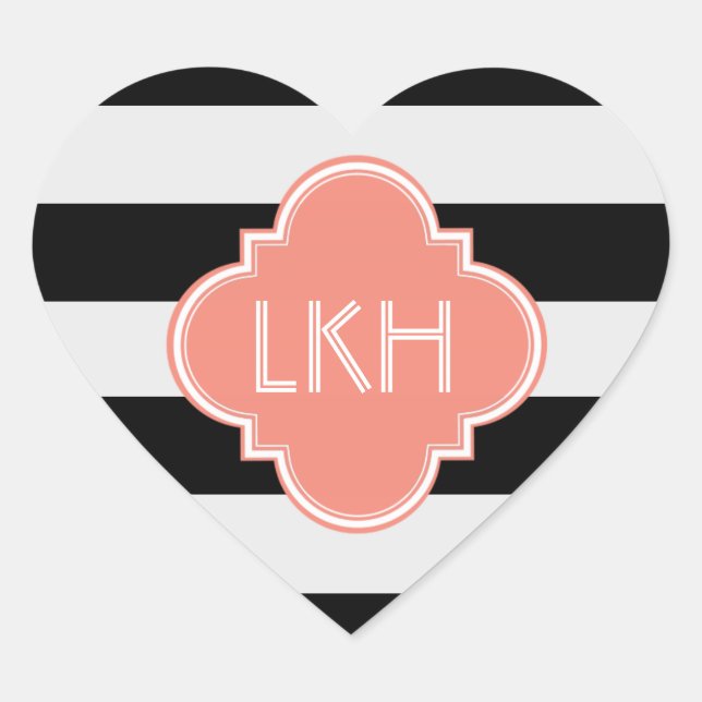 Chic Strip & Three Monogram Herz-Aufkleber (Vorderseite)