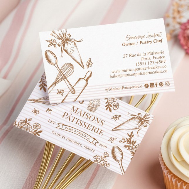 Chic Stripe Baking Utensil Pastry Cake Bakery Shop Visitenkarte (Chic Stripe Baking Utensil Pastry Cake Bakery Shop Business Card)
