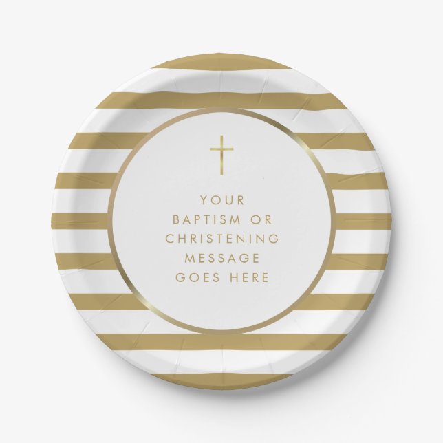 Chic Stripe Gold Cross Taufe Weihnachtsbotschaft Pappteller (Vorderseite)