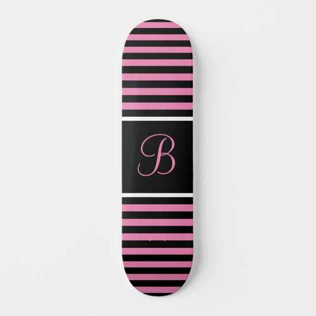 Chic Striped Pink und Black Custom Initial Letter Skateboard (Vorderseite)