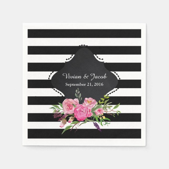 Chic Stripes and Peonies Wedkin Serviette (Vorderseite)