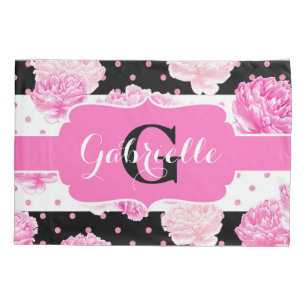 Chic Stripes Pink Watercolor Floral Monogram Kissenbezug