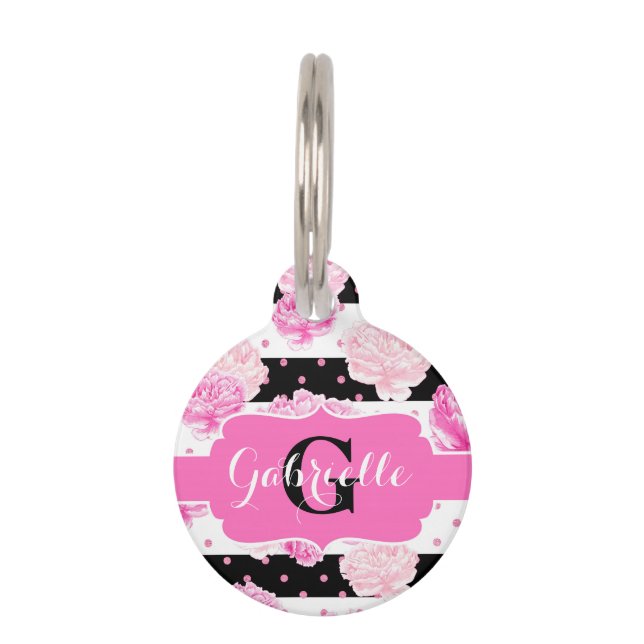 Chic Stripes Rosa Blume Name Anfangskatze oder Hun Tiermarke (Vorderseite)