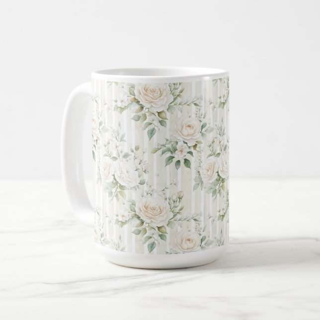 Chic Stripes White Floral Romantische Hochzeit Kaffeetasse (Vorderseite Links)