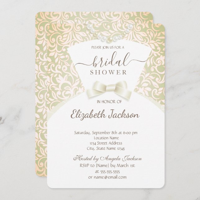 Chic Stylish Bride Dress Damask Brautparty Einladung (Vorne/Hinten)