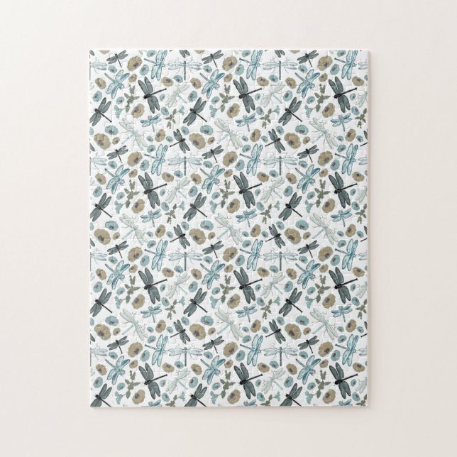 Chic Stylish Dragonflies Blues Teals Gray Blume Puzzle (Vertikal)