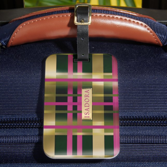 Chic & Stylish Fuchsia Green Kariert Personalisier Gepäckanhänger (Vorderseite Insitu 2)